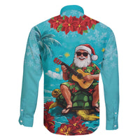 Hawaii Christmas Family Matching Off The Shoulder Long Sleeve Dress and Hawaiian Shirt Mele Kalikimaka Poinsettia Lei - Cyan