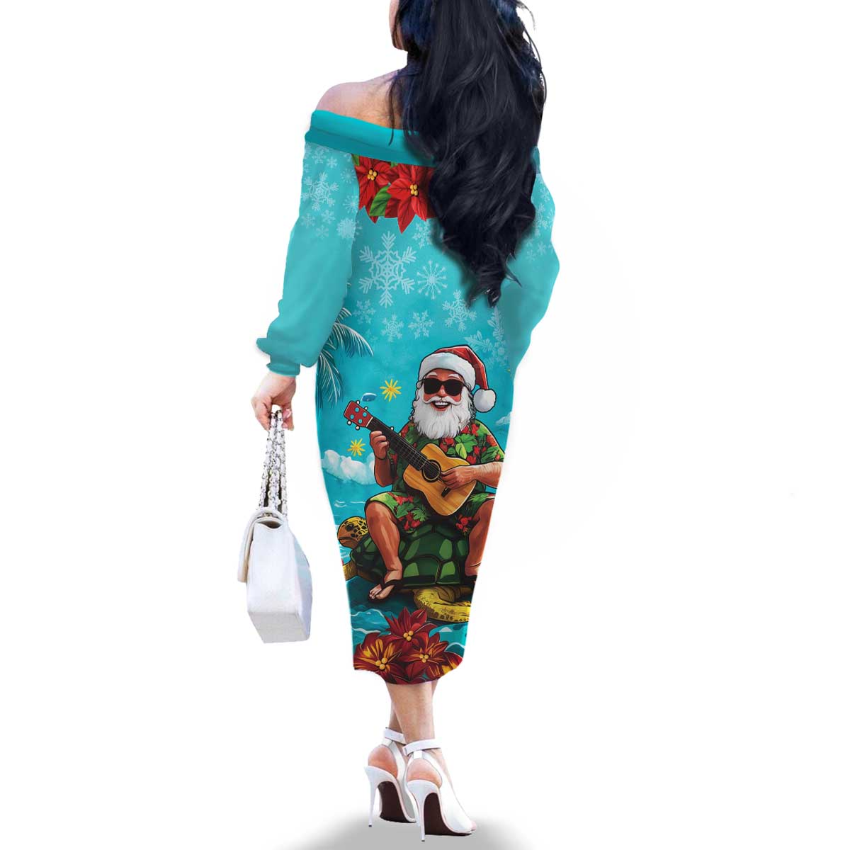 Hawaii Christmas Family Matching Off The Shoulder Long Sleeve Dress and Hawaiian Shirt Mele Kalikimaka Poinsettia Lei - Cyan