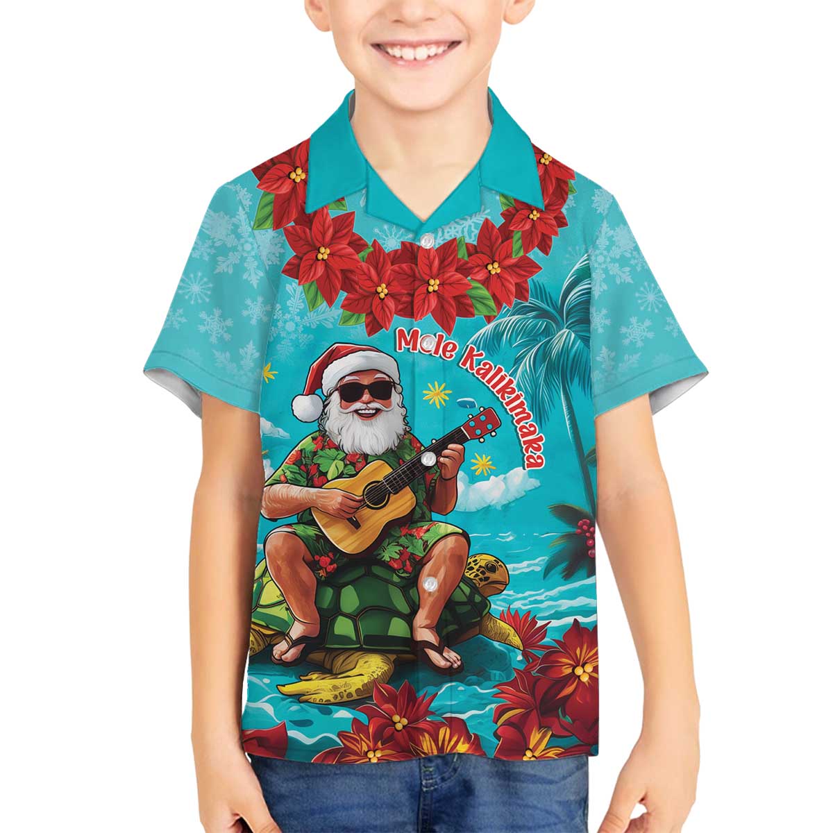 Hawaii Christmas Family Matching Off The Shoulder Long Sleeve Dress and Hawaiian Shirt Mele Kalikimaka Poinsettia Lei - Cyan