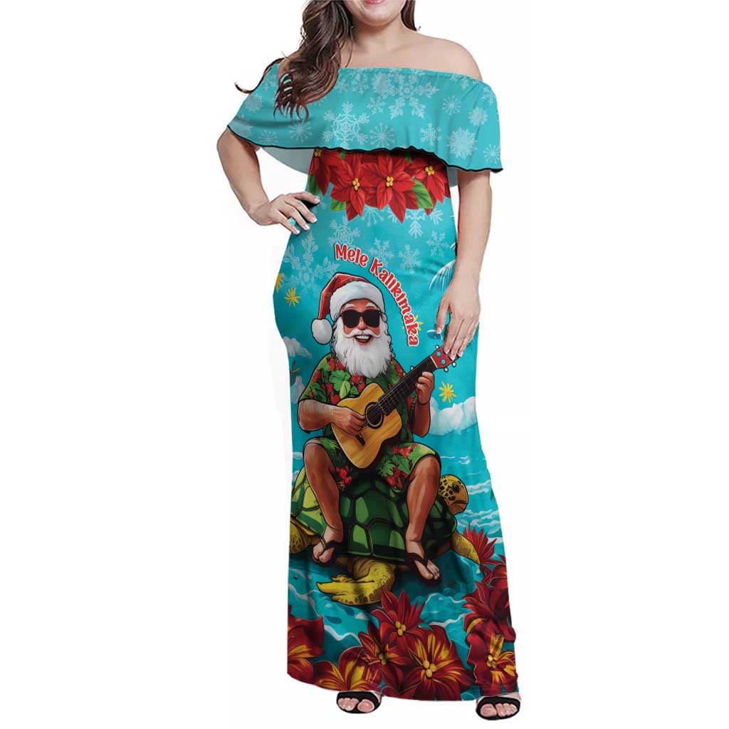 Hawaii Christmas Family Matching Off Shoulder Maxi Dress and Hawaiian Shirt Mele Kalikimaka Poinsettia Lei - Cyan