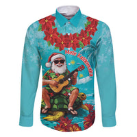 Hawaii Christmas Family Matching Off Shoulder Short Dress and Hawaiian Shirt Mele Kalikimaka Poinsettia Lei - Cyan