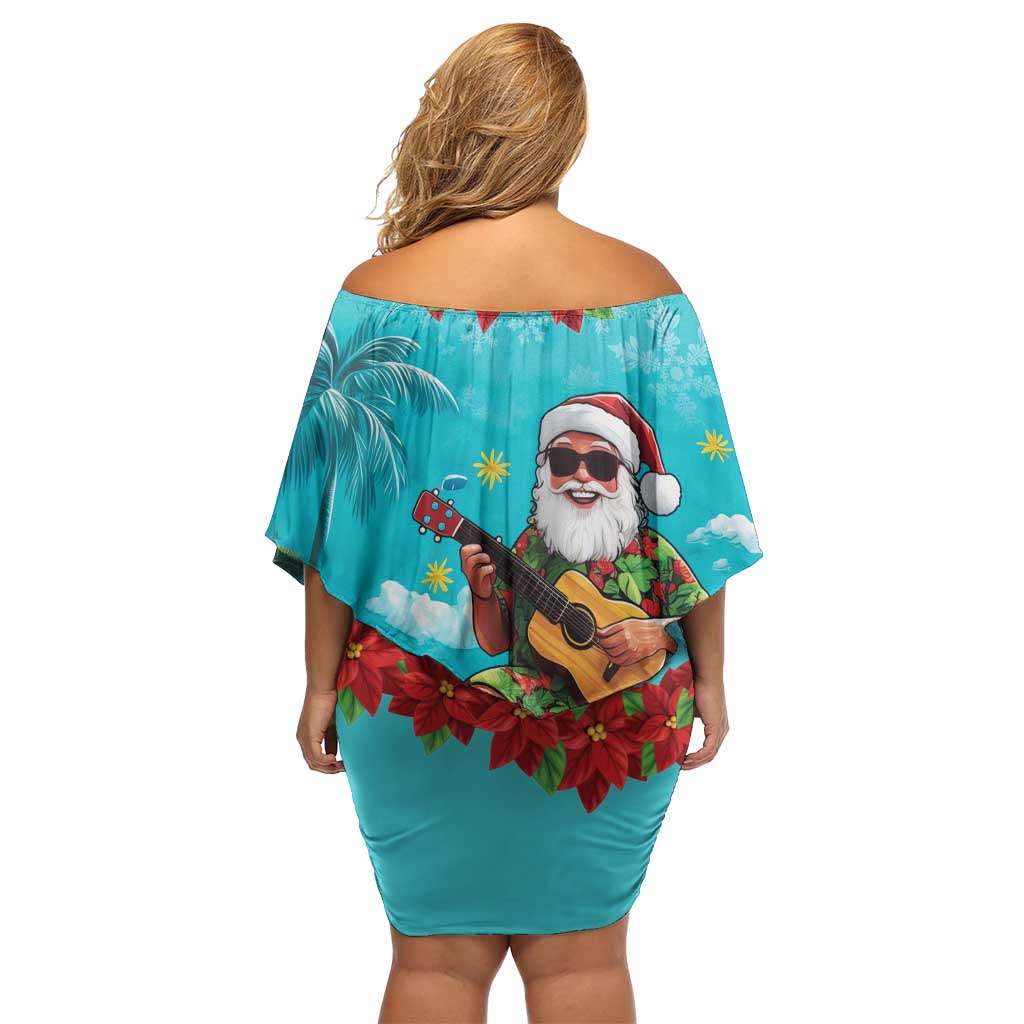 Hawaii Christmas Family Matching Off Shoulder Short Dress and Hawaiian Shirt Mele Kalikimaka Poinsettia Lei - Cyan