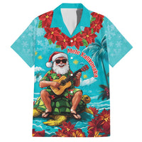 Hawaii Christmas Family Matching Short Sleeve Bodycon Dress and Hawaiian Shirt Mele Kalikimaka Poinsettia Lei - Cyan
