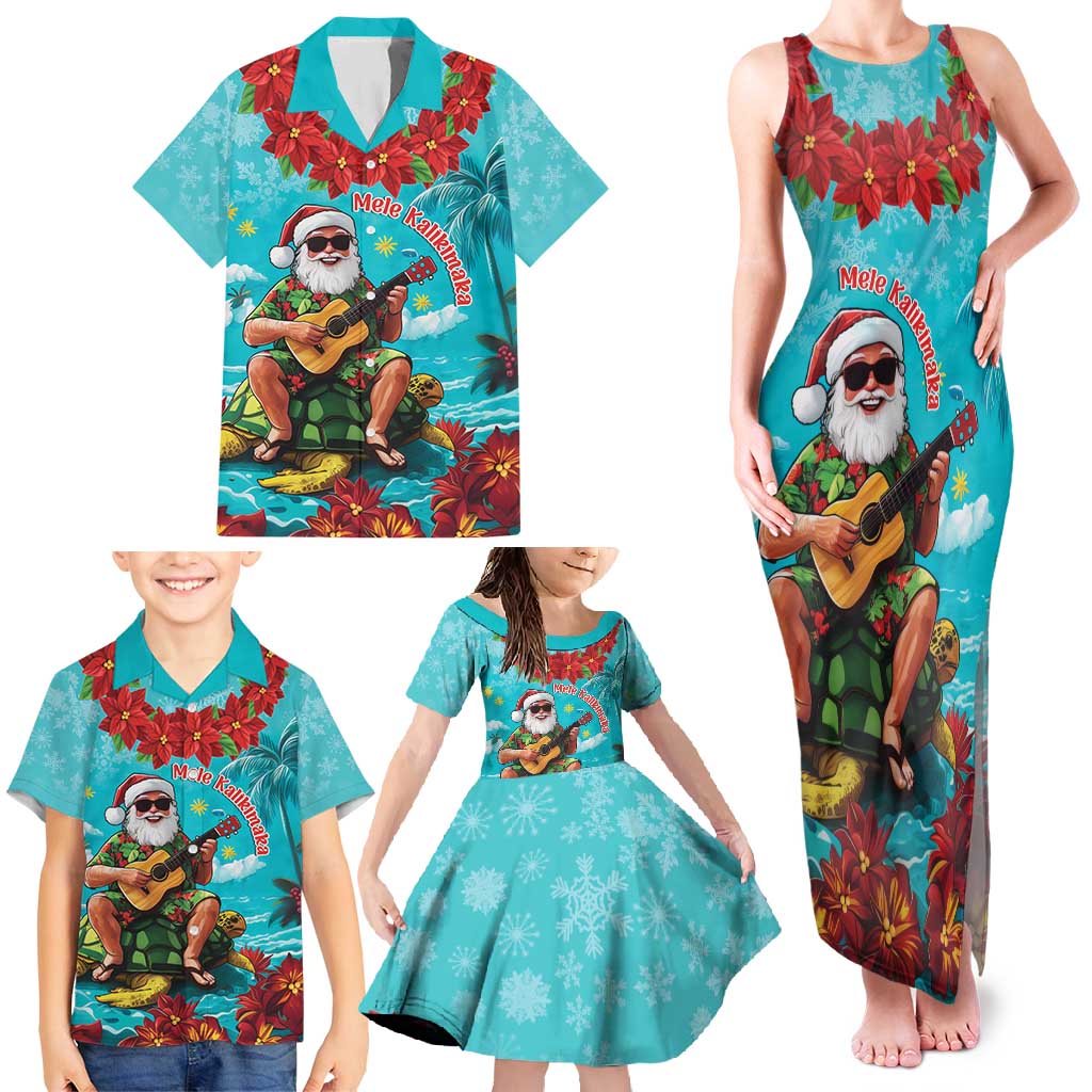 Hawaii Christmas Family Matching Tank Maxi Dress and Hawaiian Shirt Mele Kalikimaka Poinsettia Lei - Cyan