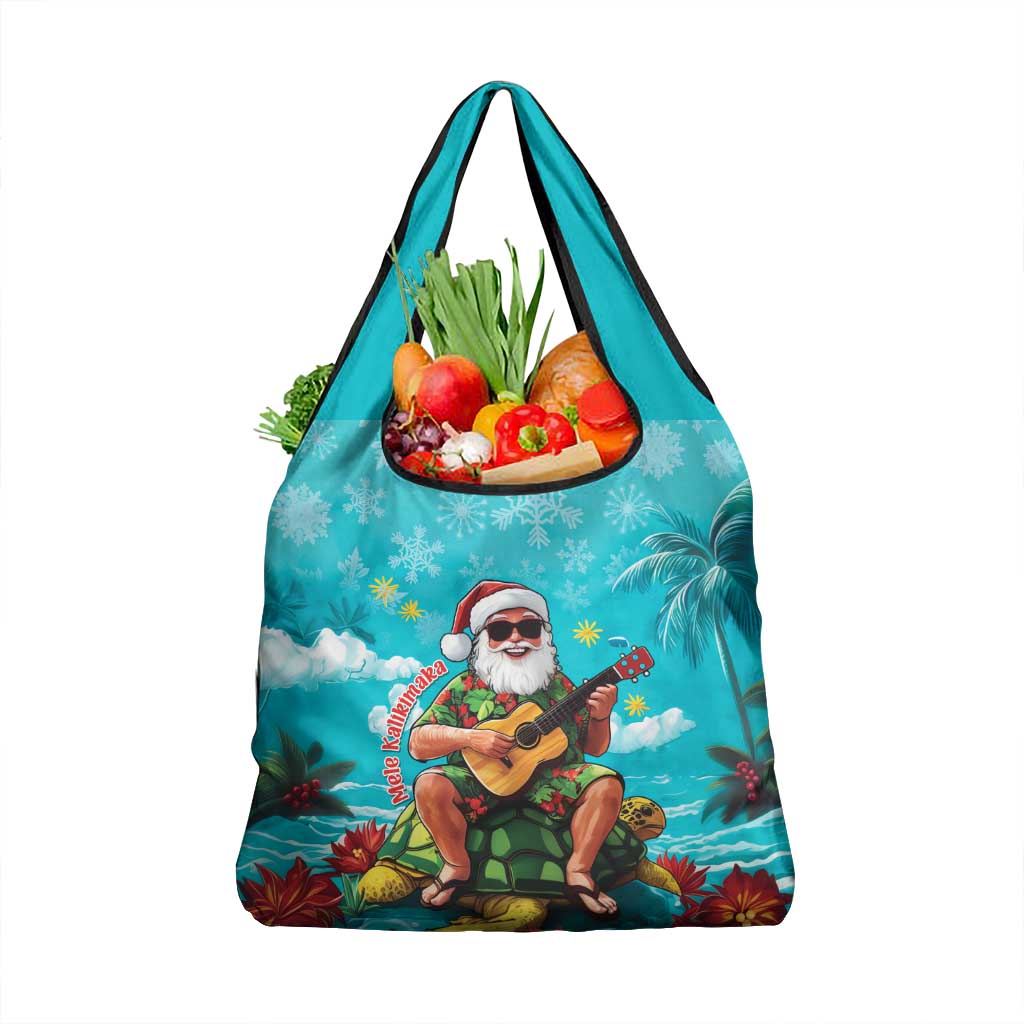 Hawaii Christmas Grocery Bag Mele Kalikimaka Poinsettia Lei - Cyan