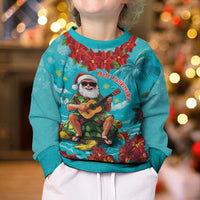 Hawaii Christmas Kid Ugly Christmas Sweater Mele Kalikimaka Poinsettia Lei - Cyan