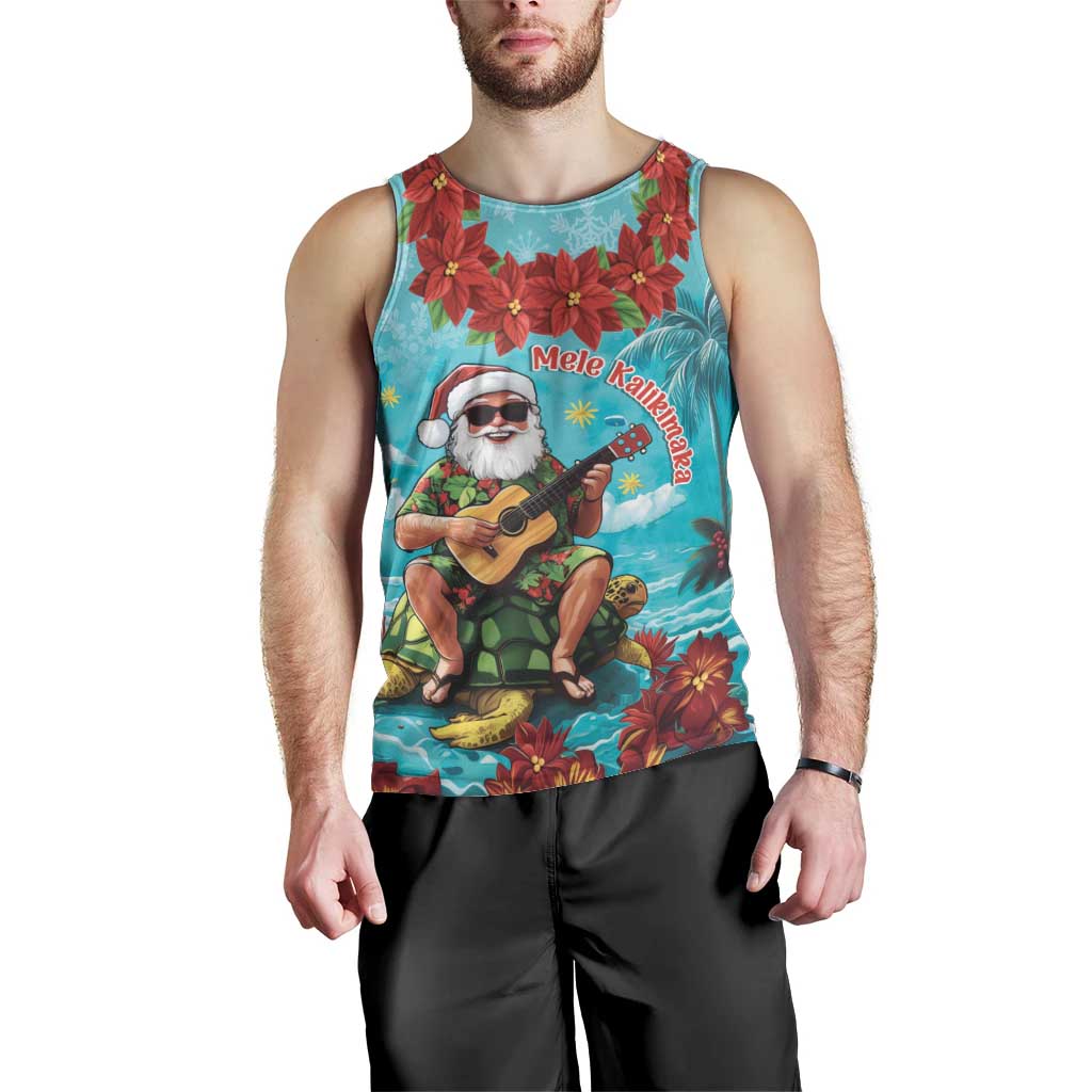 Hawaii Christmas Men Tank Top Mele Kalikimaka Poinsettia Lei - Cyan