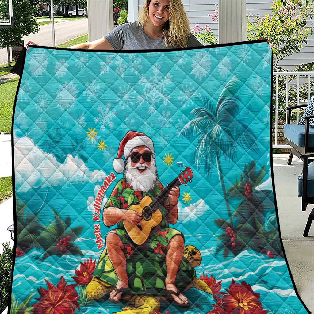 Hawaii Christmas Quilt Mele Kalikimaka Poinsettia Lei - Cyan