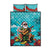 Hawaii Christmas Quilt Bed Set Mele Kalikimaka Poinsettia Lei - Cyan