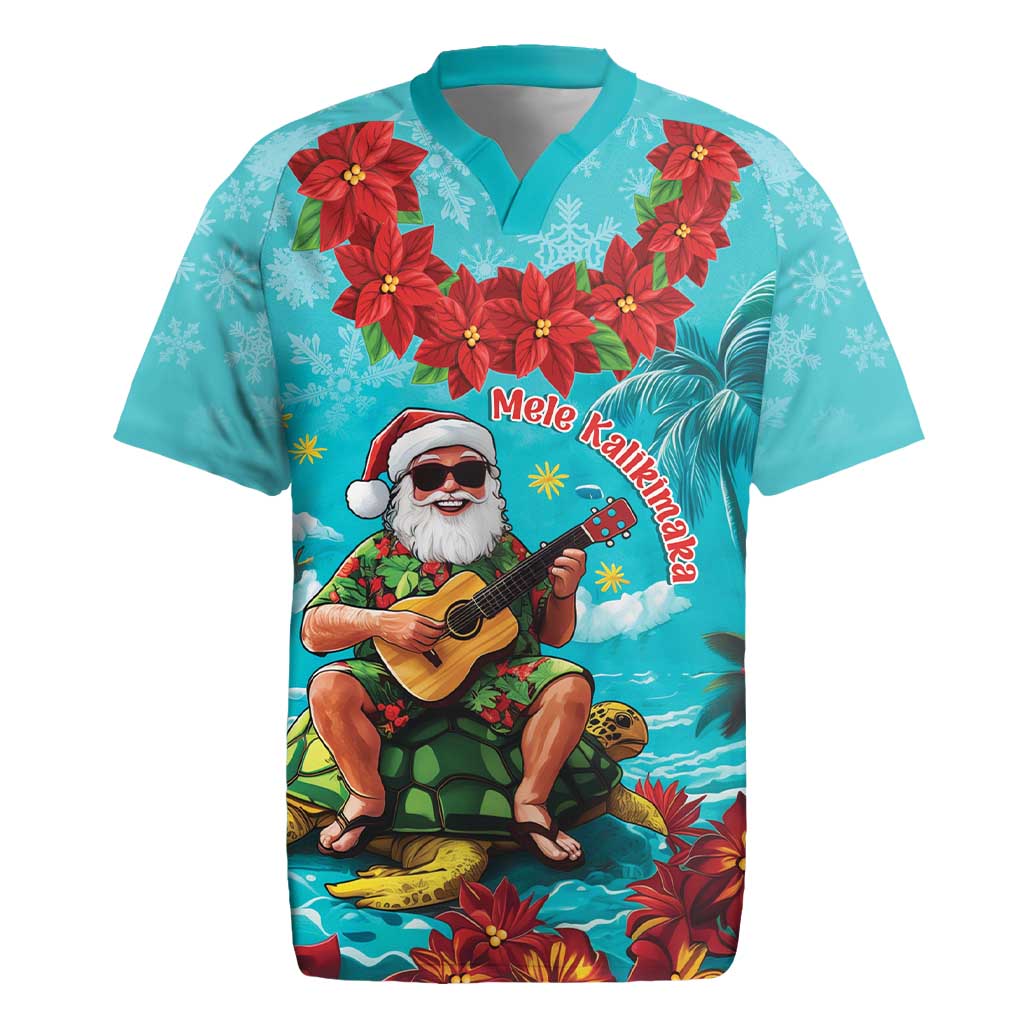 Hawaii Christmas Rugby Jersey Mele Kalikimaka Poinsettia Lei - Cyan