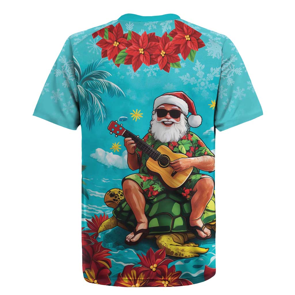 Hawaii Christmas Rugby Jersey Mele Kalikimaka Poinsettia Lei - Cyan