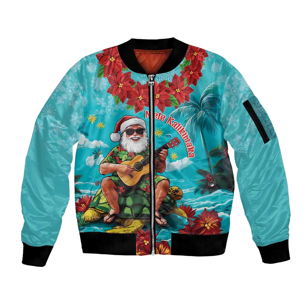 Hawaii Christmas Sleeve Zip Bomber Jacket Mele Kalikimaka Poinsettia Lei - Cyan