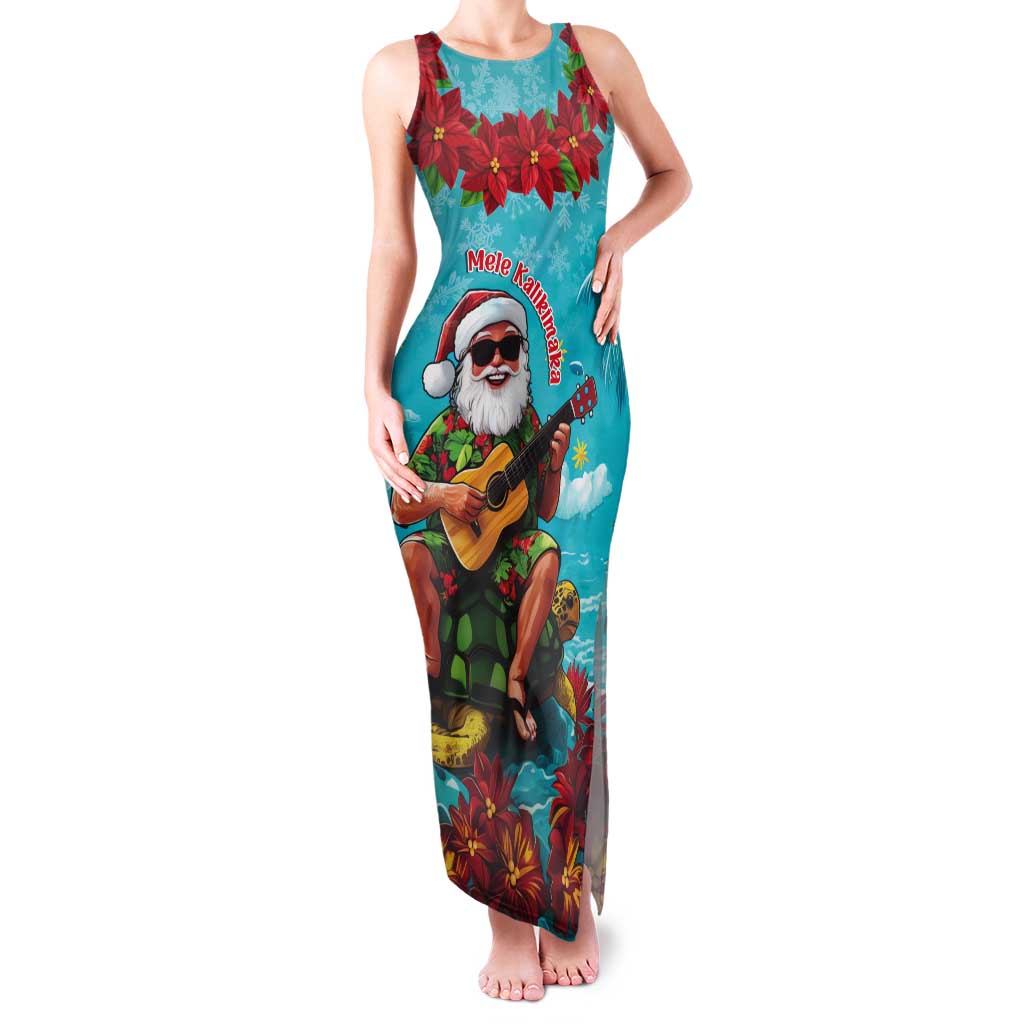 Hawaii Christmas Tank Maxi Dress Mele Kalikimaka Poinsettia Lei - Cyan