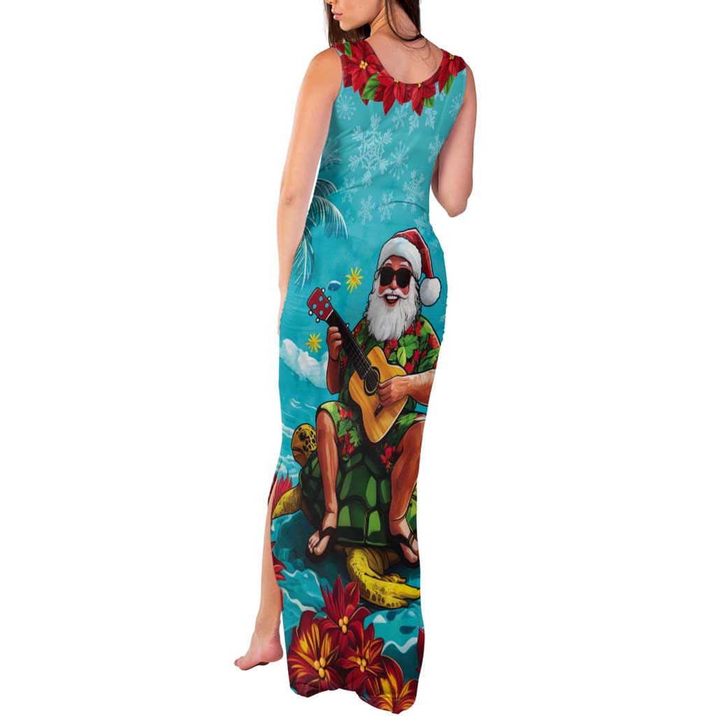 Hawaii Christmas Tank Maxi Dress Mele Kalikimaka Poinsettia Lei - Cyan