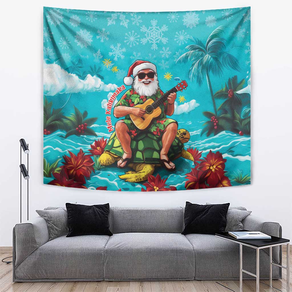 Hawaii Christmas Tapestry Mele Kalikimaka Poinsettia Lei - Cyan