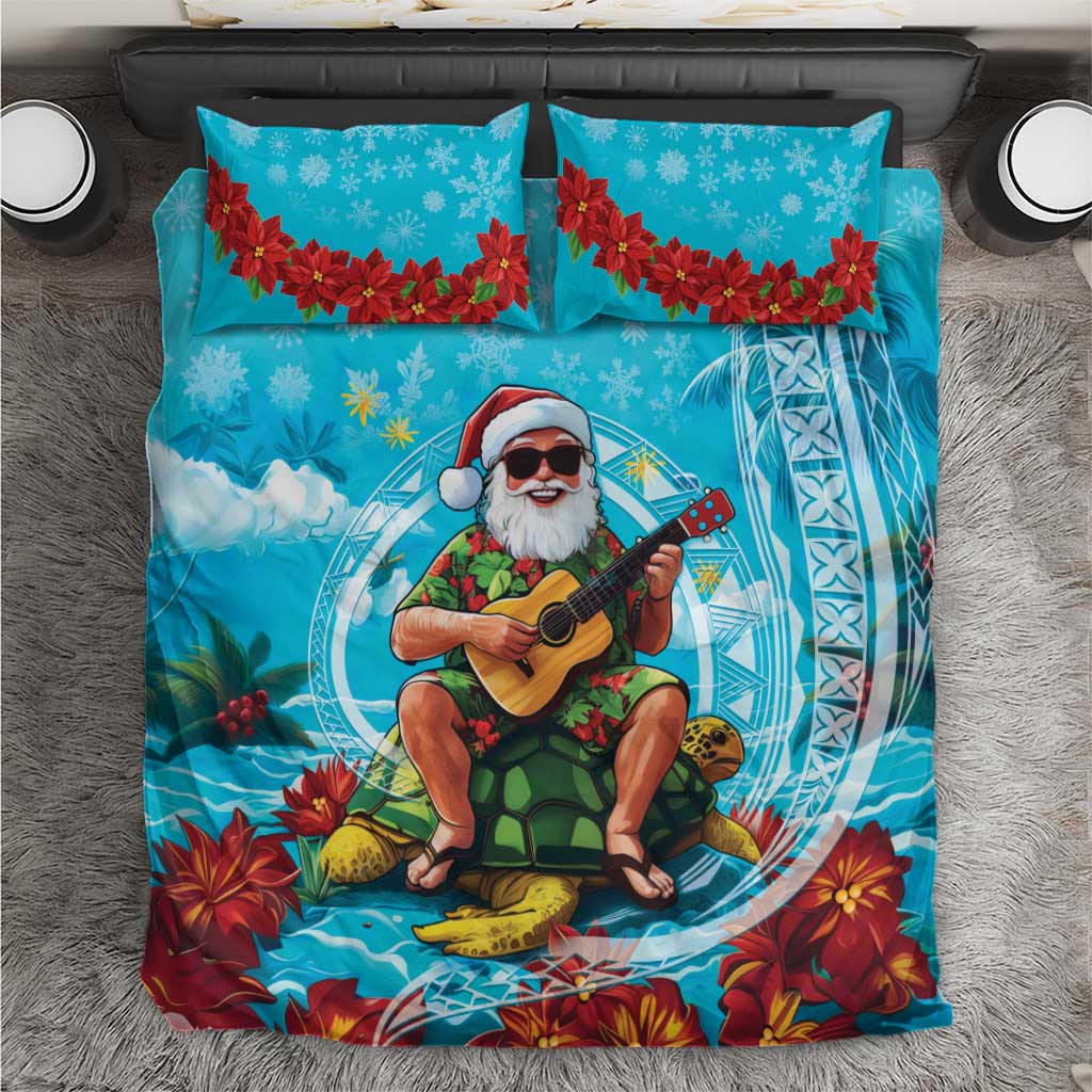 Hawaii Christmas Bedding Set Mele Kalikimaka Poinsettia Lei Polynesian - Blue