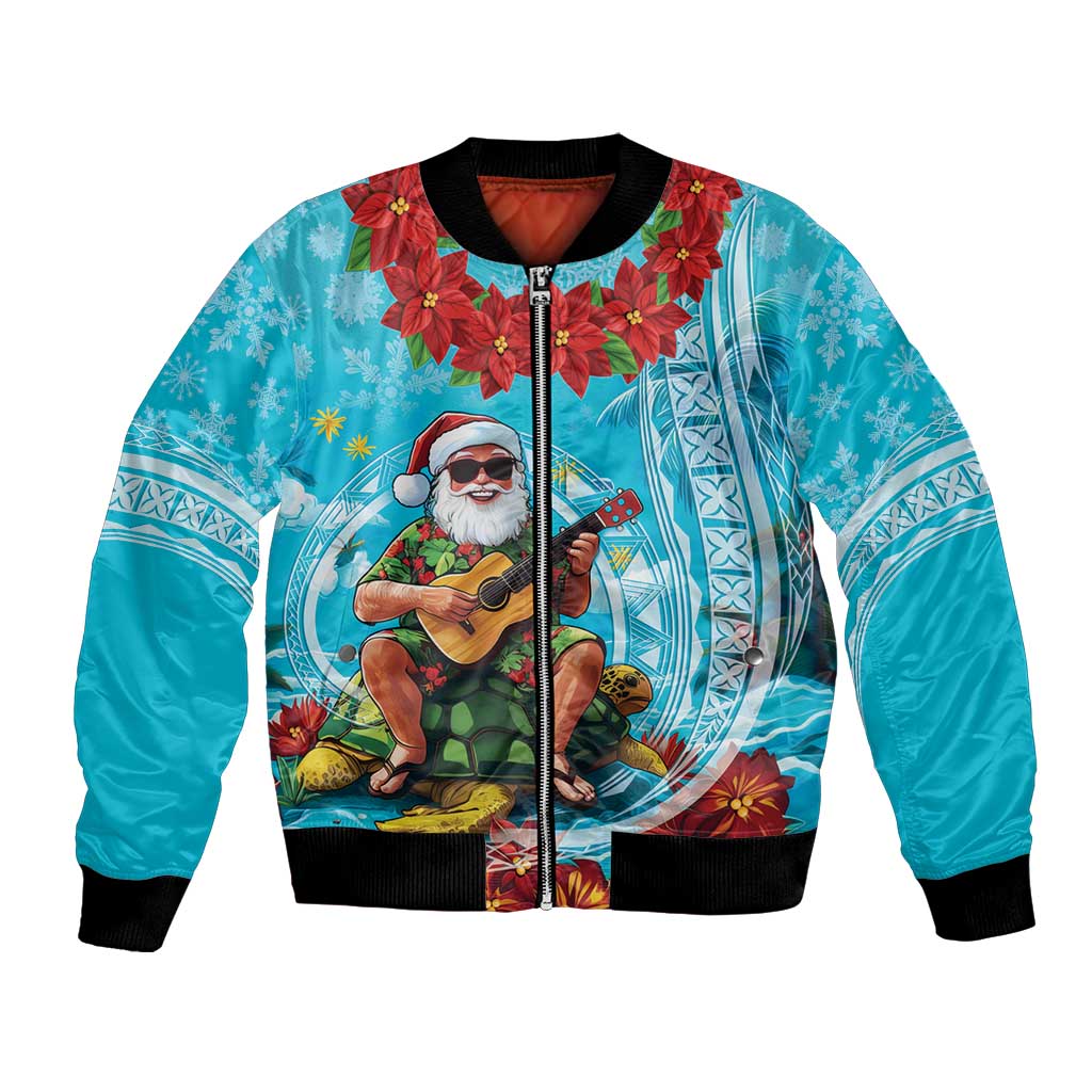 Hawaii Christmas Bomber Jacket Mele Kalikimaka Poinsettia Lei Polynesian - Blue