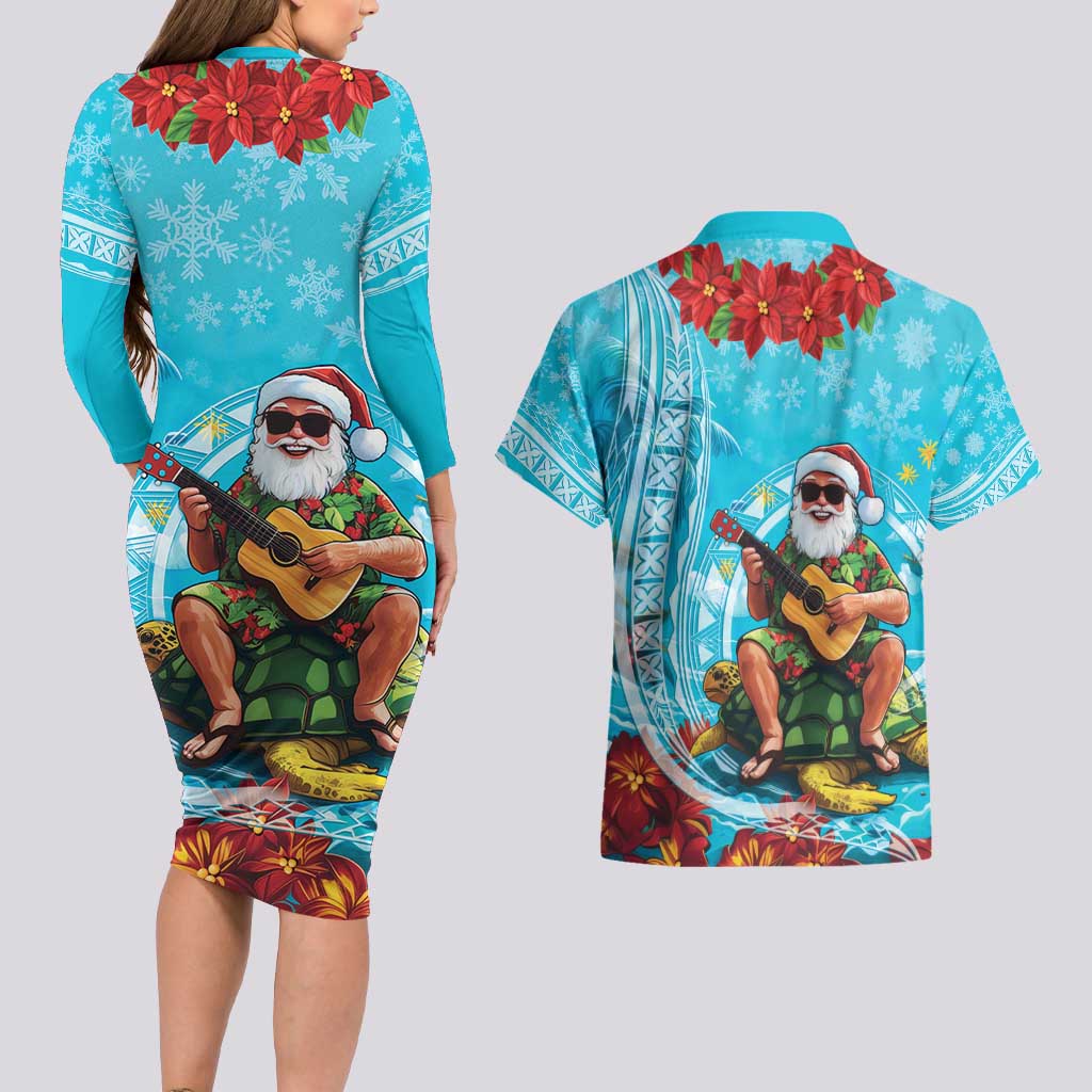 Hawaii Christmas Couples Matching Long Sleeve Bodycon Dress and Hawaiian Shirt Mele Kalikimaka Poinsettia Lei Polynesian - Blue