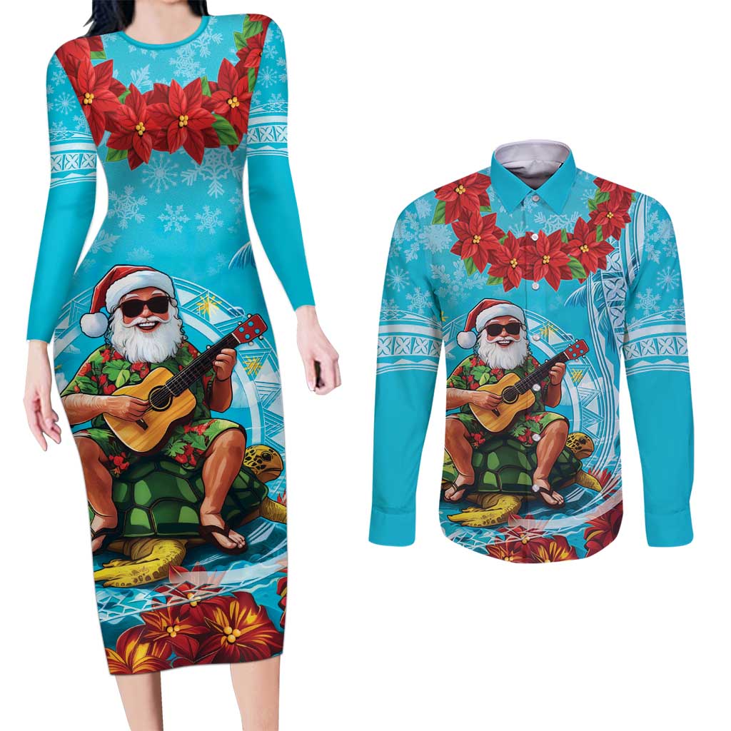 Hawaii Christmas Couples Matching Long Sleeve Bodycon Dress and Long Sleeve Button Shirt Mele Kalikimaka Poinsettia Lei Polynesian - Blue