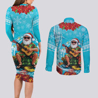 Hawaii Christmas Couples Matching Long Sleeve Bodycon Dress and Long Sleeve Button Shirt Mele Kalikimaka Poinsettia Lei Polynesian - Blue