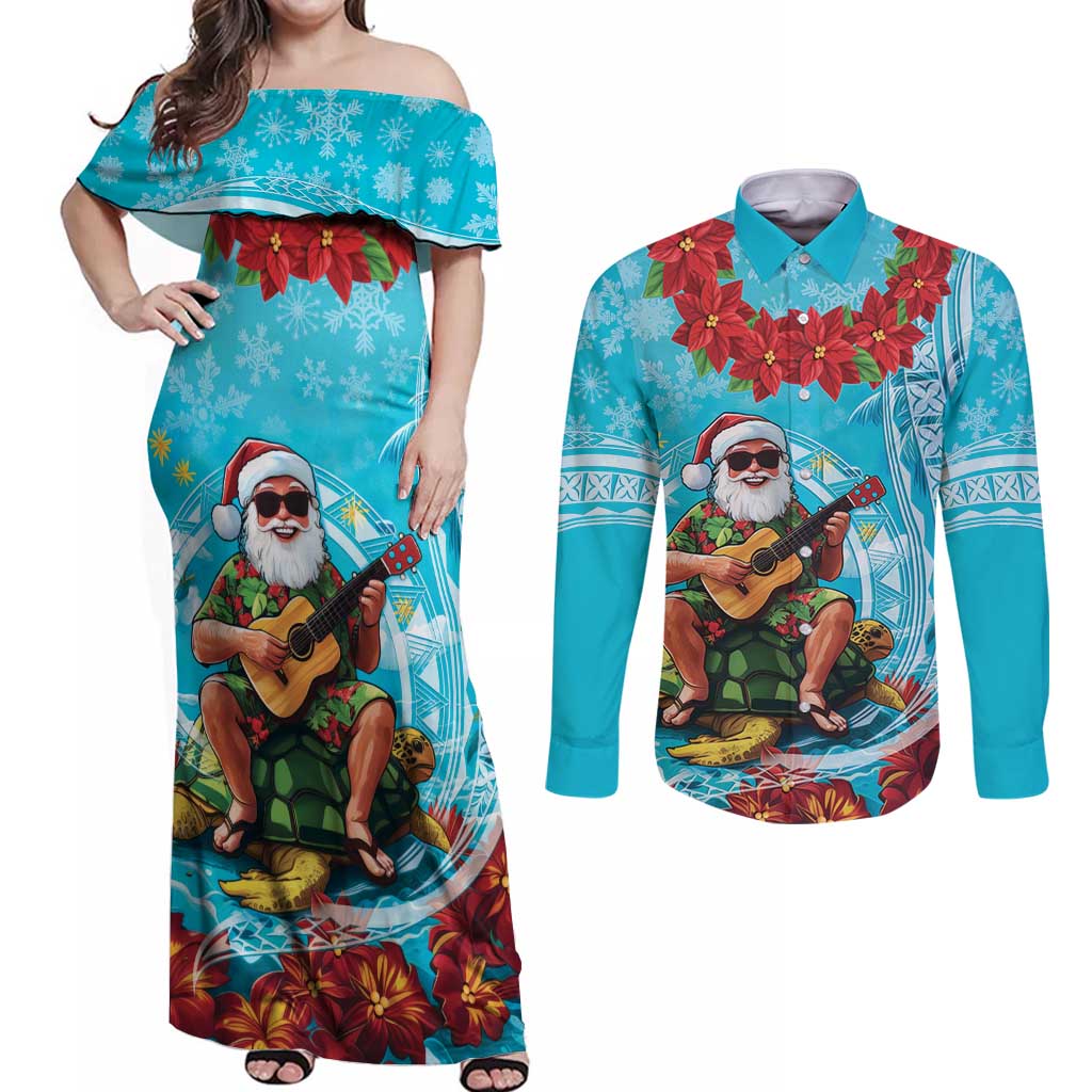 Hawaii Christmas Couples Matching Off Shoulder Maxi Dress and Long Sleeve Button Shirt Mele Kalikimaka Poinsettia Lei Polynesian - Blue LT14 Blue - Polynesian Pride