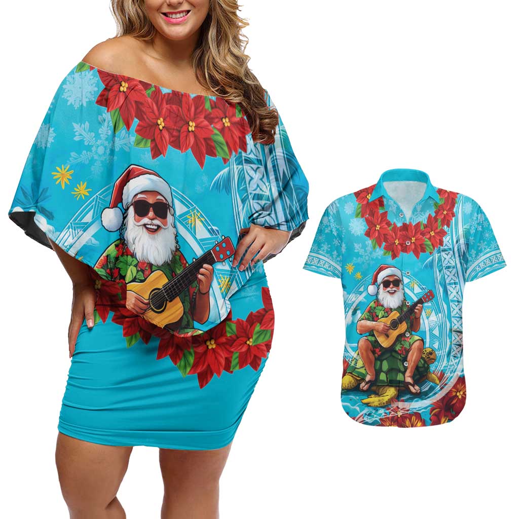 Hawaii Christmas Couples Matching Off Shoulder Short Dress and Hawaiian Shirt Mele Kalikimaka Poinsettia Lei Polynesian - Blue LT14 Blue - Polynesian Pride
