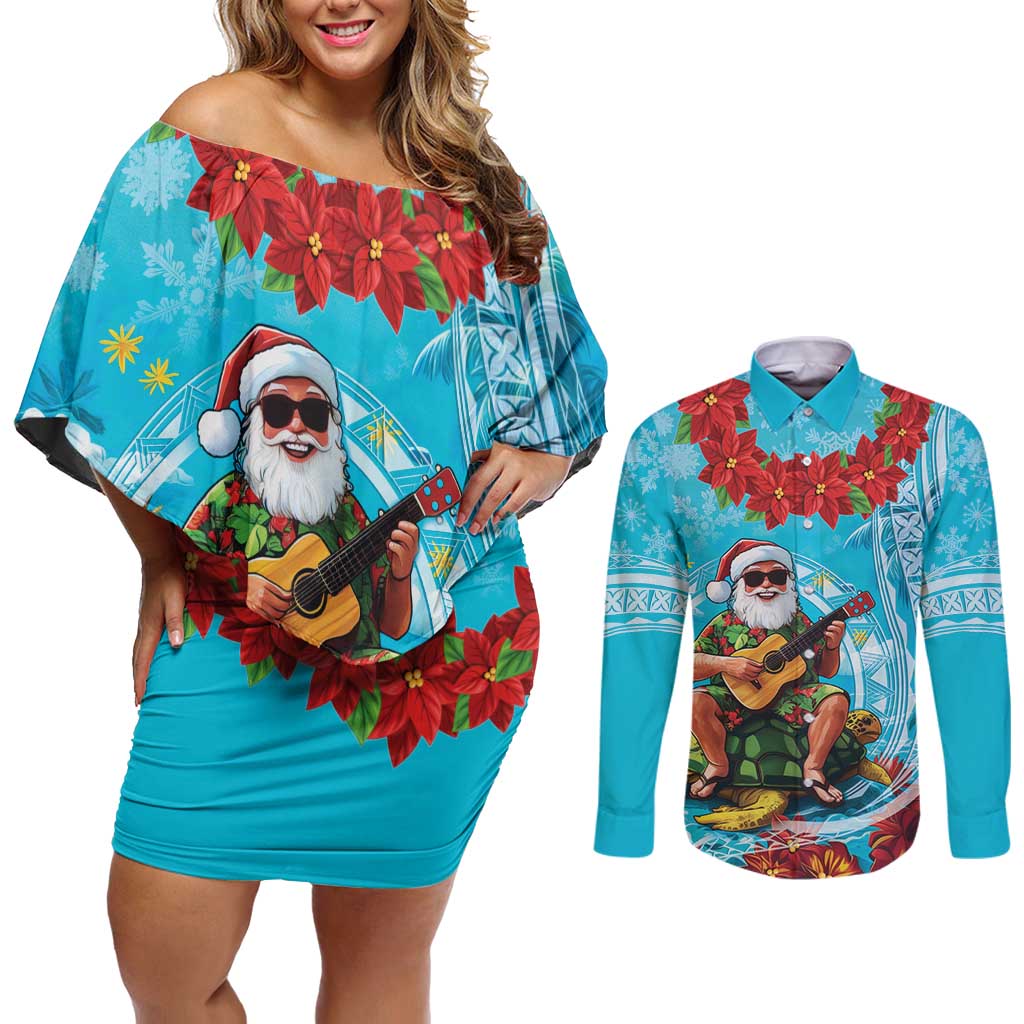 Hawaii Christmas Couples Matching Off Shoulder Short Dress and Long Sleeve Button Shirt Mele Kalikimaka Poinsettia Lei Polynesian - Blue LT14 Blue - Polynesian Pride