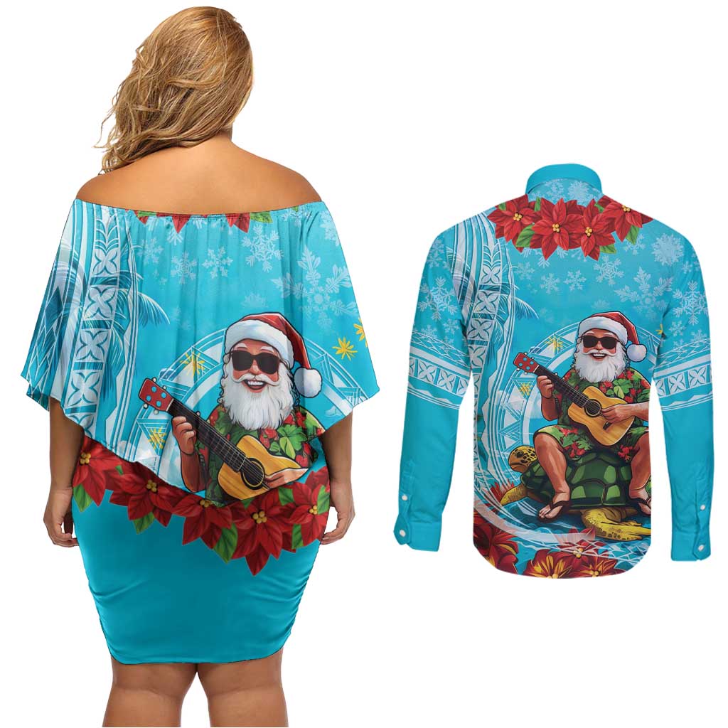 Hawaii Christmas Couples Matching Off Shoulder Short Dress and Long Sleeve Button Shirt Mele Kalikimaka Poinsettia Lei Polynesian - Blue LT14 - Polynesian Pride