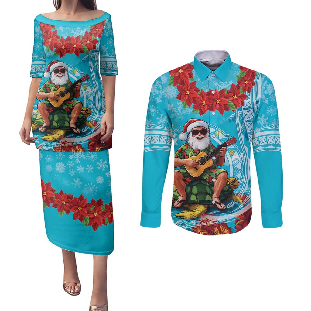 Hawaii Christmas Couples Matching Puletasi and Long Sleeve Button Shirt Mele Kalikimaka Poinsettia Lei Polynesian - Blue LT14 Blue - Polynesian Pride