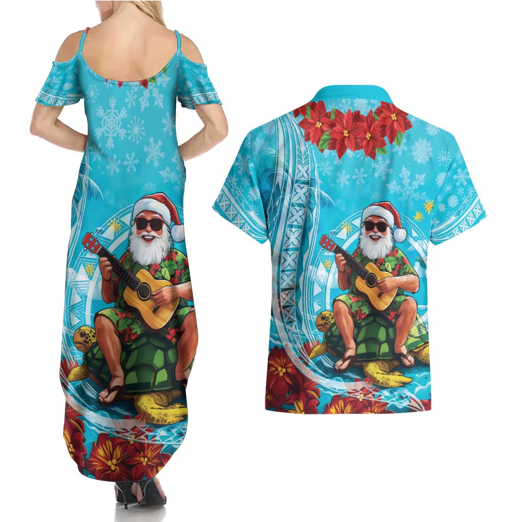 Hawaii Christmas Couples Matching Summer Maxi Dress and Hawaiian Shirt Mele Kalikimaka Poinsettia Lei Polynesian - Blue
