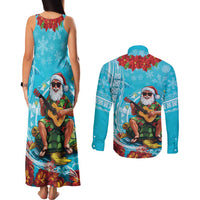 Hawaii Christmas Couples Matching Tank Maxi Dress and Long Sleeve Button Shirt Mele Kalikimaka Poinsettia Lei Polynesian - Blue