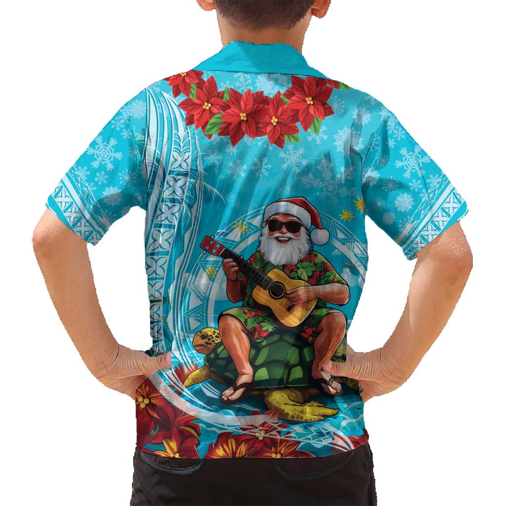 Hawaii Christmas Family Matching Long Sleeve Bodycon Dress and Hawaiian Shirt Mele Kalikimaka Poinsettia Lei Polynesian - Blue LT14 - Polynesian Pride