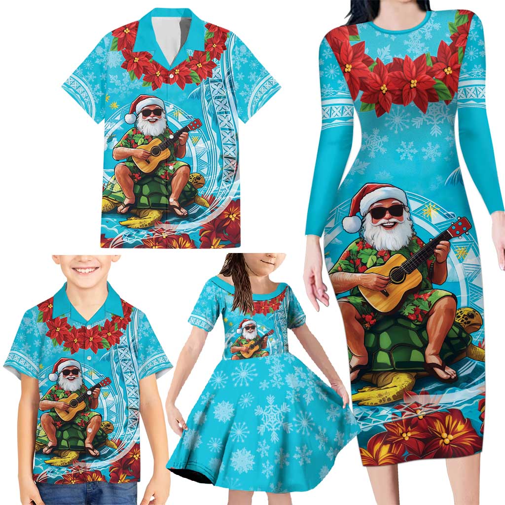 Hawaii Christmas Family Matching Long Sleeve Bodycon Dress and Hawaiian Shirt Mele Kalikimaka Poinsettia Lei Polynesian - Blue LT14 - Polynesian Pride
