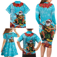 Hawaii Christmas Family Matching Long Sleeve Bodycon Dress and Hawaiian Shirt Mele Kalikimaka Poinsettia Lei Polynesian - Blue LT14 - Polynesian Pride