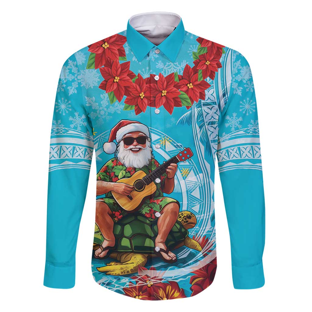 Hawaii Christmas Family Matching Long Sleeve Bodycon Dress and Hawaiian Shirt Mele Kalikimaka Poinsettia Lei Polynesian - Blue LT14 Dad's Shirt - Long Sleeve Blue - Polynesian Pride
