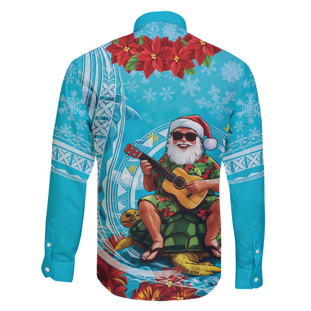 Hawaii Christmas Family Matching Long Sleeve Bodycon Dress and Hawaiian Shirt Mele Kalikimaka Poinsettia Lei Polynesian - Blue LT14 - Polynesian Pride