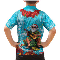 Hawaii Christmas Family Matching Mermaid Dress and Hawaiian Shirt Mele Kalikimaka Poinsettia Lei Polynesian - Blue