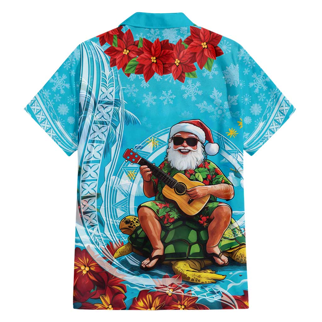 Hawaii Christmas Family Matching Off Shoulder Short Dress and Hawaiian Shirt Mele Kalikimaka Poinsettia Lei Polynesian - Blue