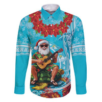Hawaii Christmas Family Matching Puletasi and Hawaiian Shirt Mele Kalikimaka Poinsettia Lei Polynesian - Blue LT14 Dad's Shirt - Long Sleeve Blue - Polynesian Pride
