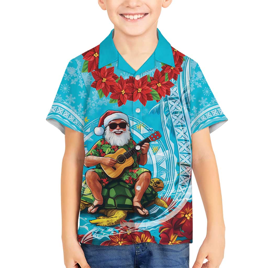 Hawaii Christmas Family Matching Puletasi and Hawaiian Shirt Mele Kalikimaka Poinsettia Lei Polynesian - Blue LT14 Son's Shirt Blue - Polynesian Pride