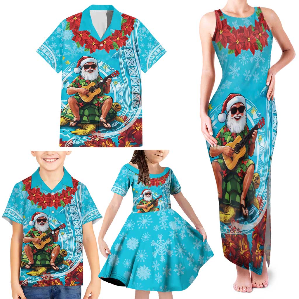 Hawaii Christmas Family Matching Tank Maxi Dress and Hawaiian Shirt Mele Kalikimaka Poinsettia Lei Polynesian - Blue