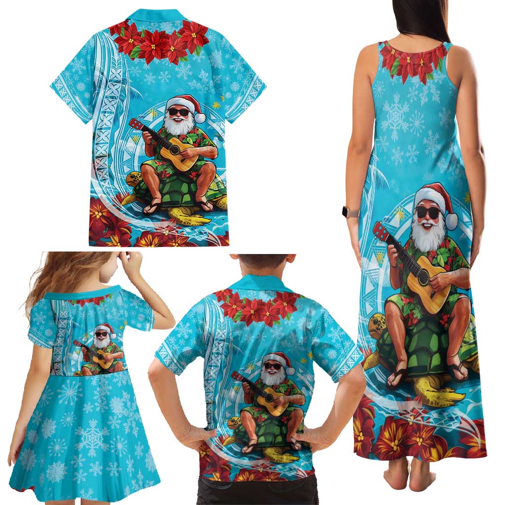 Hawaii Christmas Family Matching Tank Maxi Dress and Hawaiian Shirt Mele Kalikimaka Poinsettia Lei Polynesian - Blue