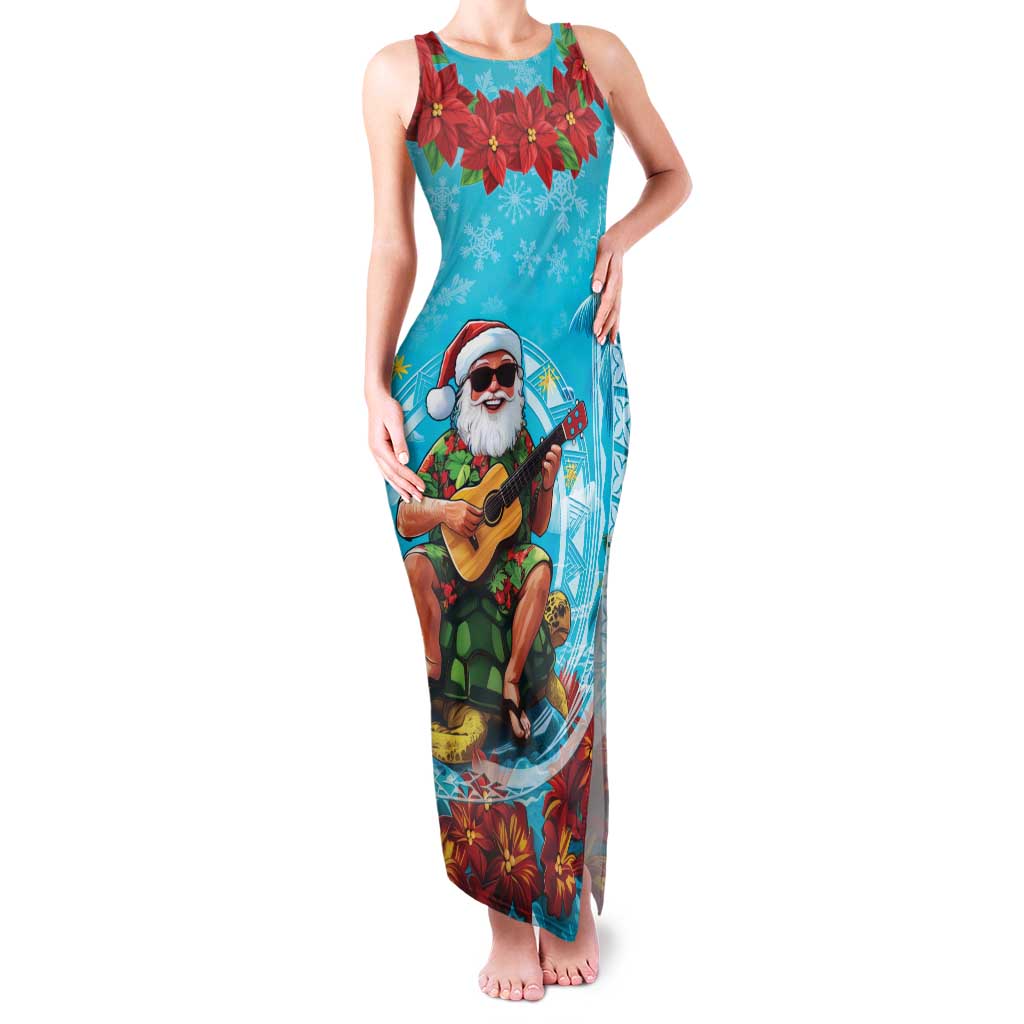 Hawaii Christmas Family Matching Tank Maxi Dress and Hawaiian Shirt Mele Kalikimaka Poinsettia Lei Polynesian - Blue