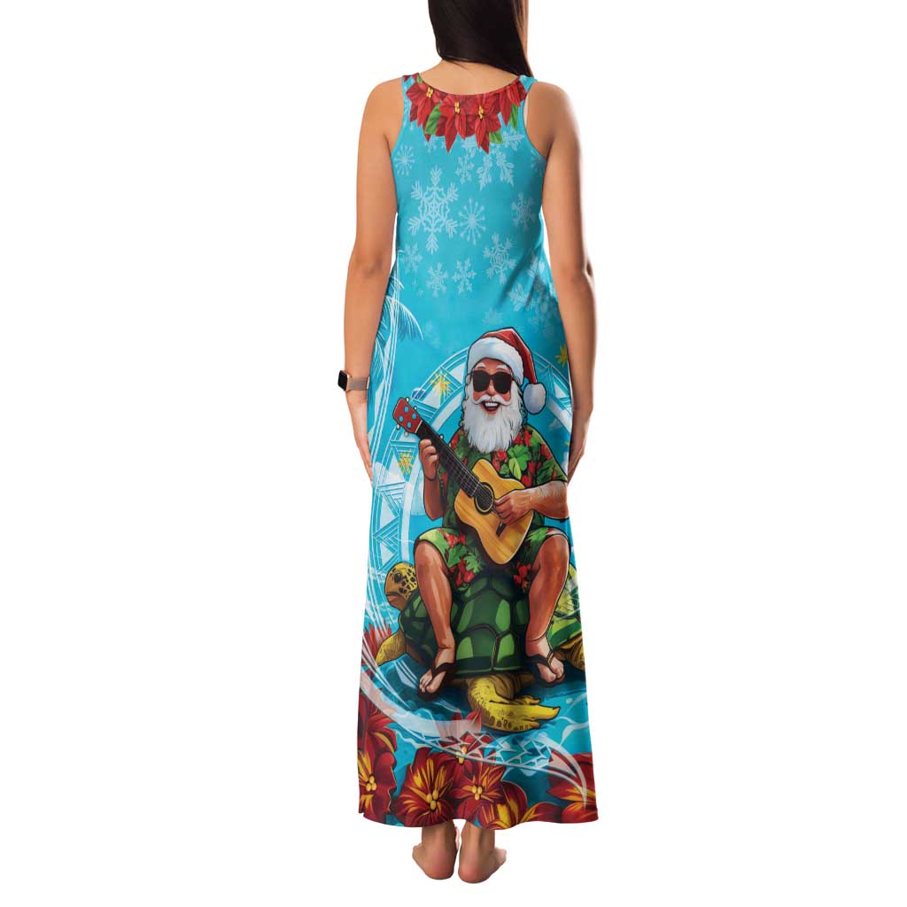 Hawaii Christmas Family Matching Tank Maxi Dress and Hawaiian Shirt Mele Kalikimaka Poinsettia Lei Polynesian - Blue