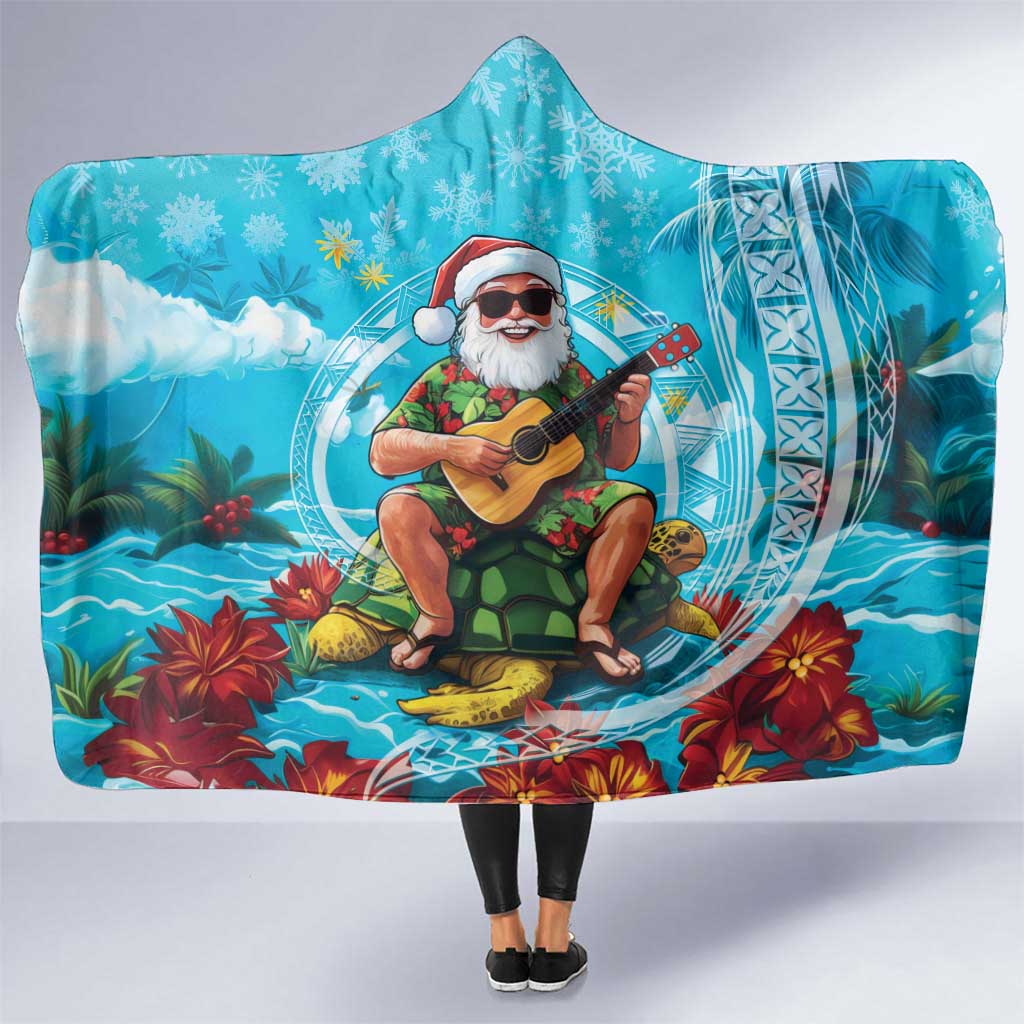 Hawaii Christmas Hooded Blanket Mele Kalikimaka Poinsettia Lei Polynesian - Blue