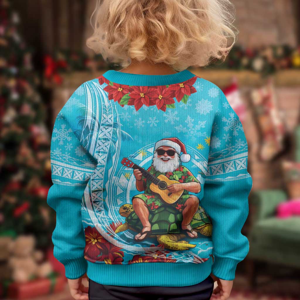 Hawaii Christmas Kid Ugly Christmas Sweater Mele Kalikimaka Poinsettia Lei Polynesian - Blue