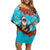 Hawaii Christmas Off Shoulder Short Dress Mele Kalikimaka Poinsettia Lei Polynesian - Blue