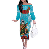 Hawaii Christmas Off The Shoulder Long Sleeve Dress Mele Kalikimaka Poinsettia Lei Polynesian - Blue