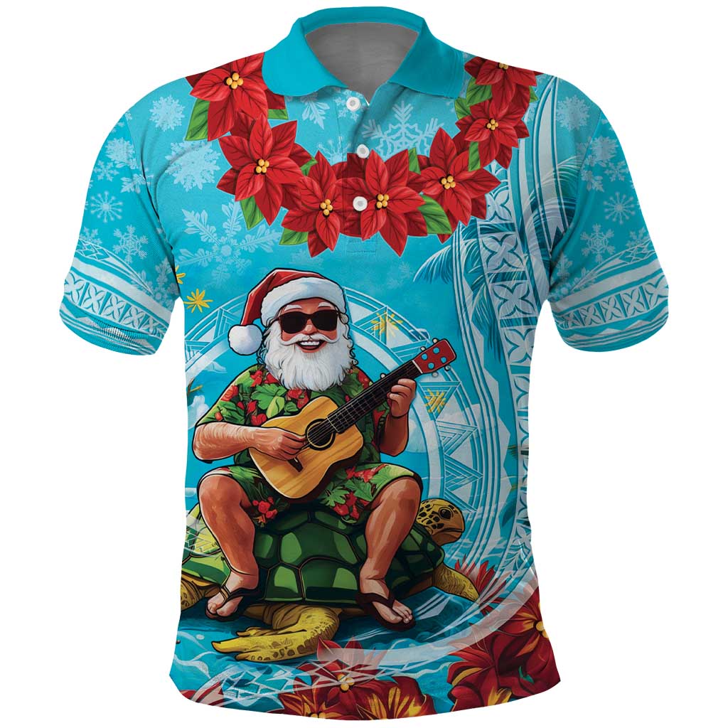 Hawaii Christmas Polo Shirt Mele Kalikimaka Poinsettia Lei Polynesian - Blue