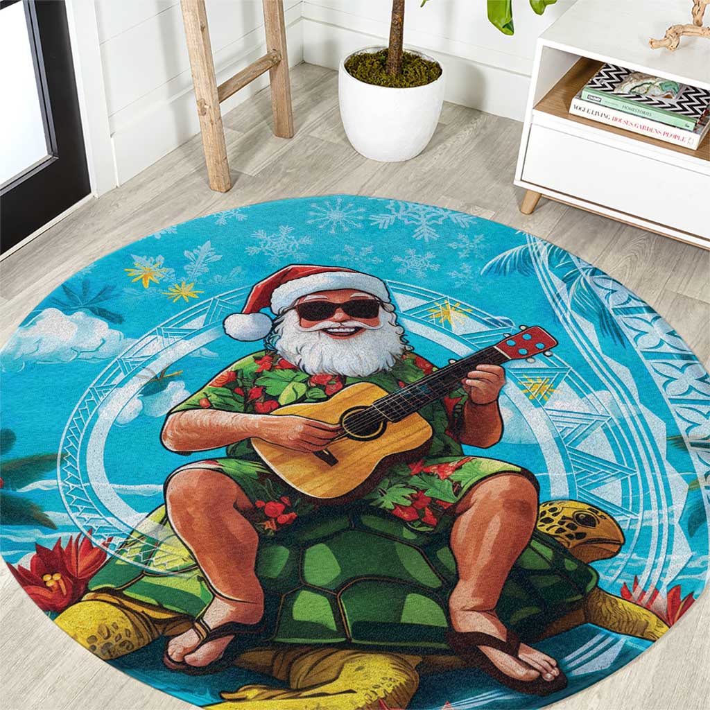 Hawaii Christmas Round Carpet Mele Kalikimaka Poinsettia Lei Polynesian - Blue